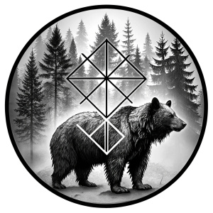 vegvisir runes geometric symbol - bear and trees - tattoo design - perfect realistic art - high-definition - grey and black - white background 