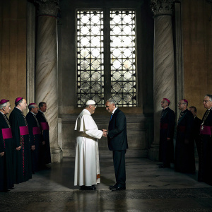 Pope Francis and President Marcelo Rebelo de Sousa meet privately. Inside a Vatican chapel, surrounded by religious figures in elaborate robes.