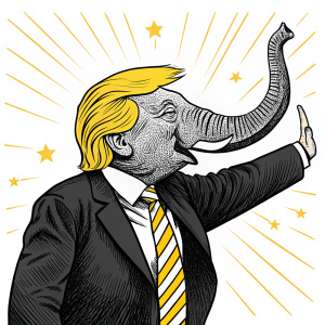 Illustration of Donald Trump as a cartoon character. Elephant head with raised trunk. Yellow hair and striped tie. Bold black and white lines with yellow accents. 