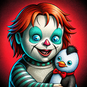 Angry Chucky-doll with scars  hugs penguin