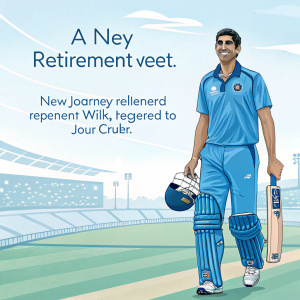 Retirement tribute tweet for cricketer Ashish Nehra. Digital art style illustration featuring Nehra in blue cricket gear. Wishing him well in his new journey