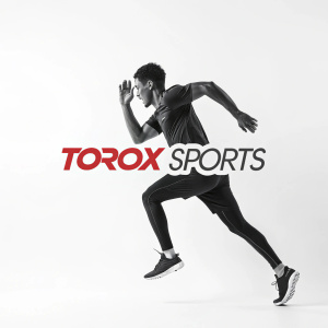 Torox Sports logo, featuring a sleek and modern human figure in motion. Design includes bold sans-serif text, minimalist layout, and neutral tones. Logo stands out against a consistent white background, emphasizing simplicity and impact.