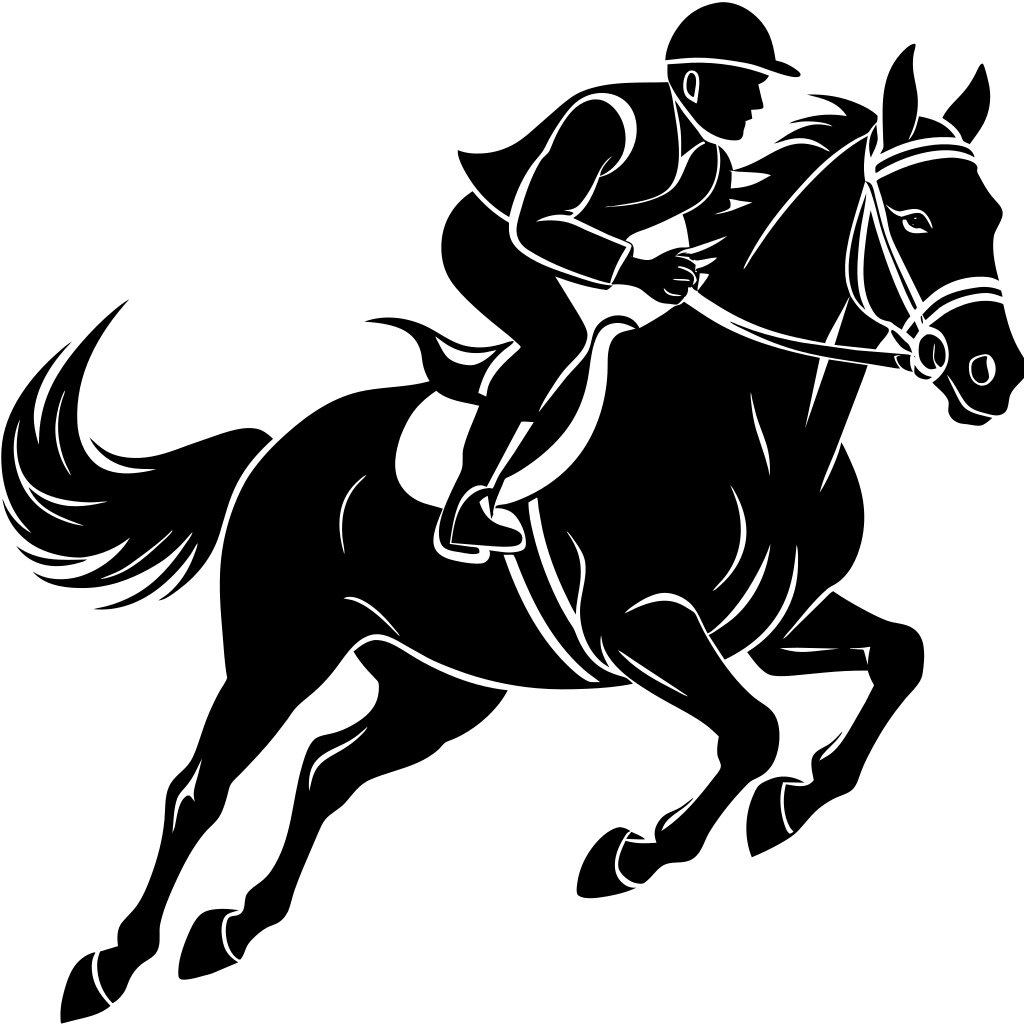 Generate a high-resolution image of a horse raider engaged in a fast-paced race against a horse vector silhouette. The scene depicts a black color silhouette of the horse raider riding passionately on their horse, accompanied by a sleek and dynamic black color silhouette of the racing horse. Both silhouettes are set against a crisp white background, creating a visually striking contrast for the viewer. Capture the intensity and speed of the race with intricate details and sharp lines to emphasiz