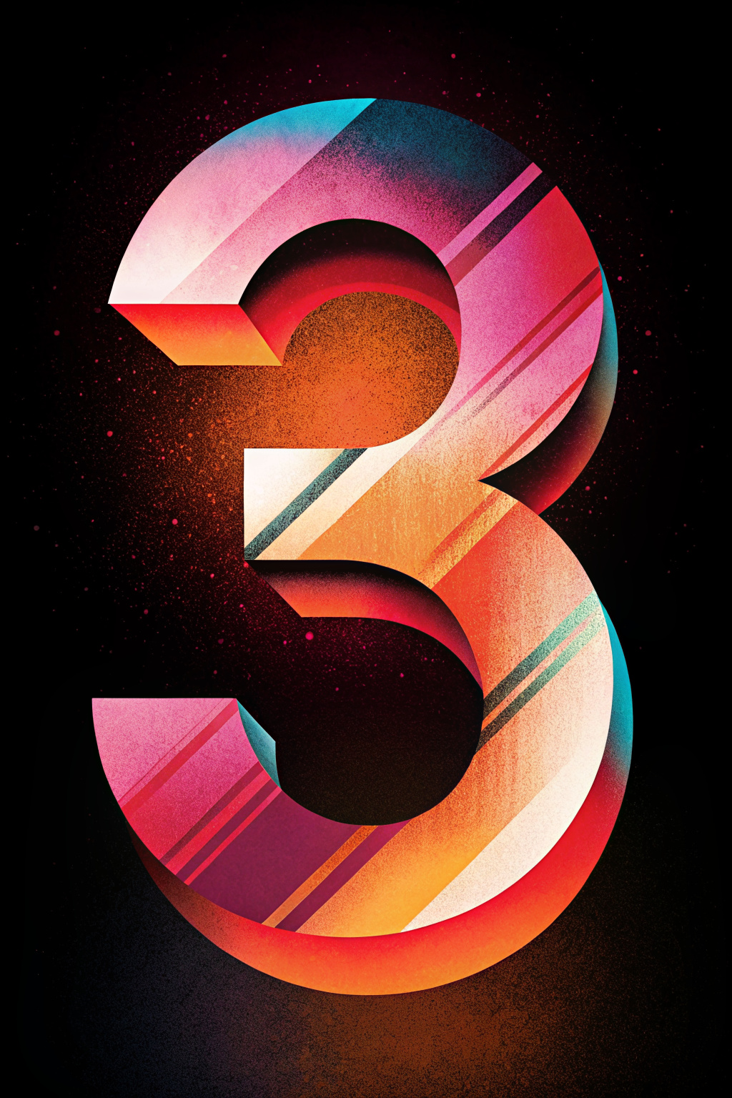 The number "3" is written in white, pink and orange paint on the red black background. Vector illustration style with flat design. The numbers appear as if they were painted by hand with brush strokes. In front of them there's an abstract square shape with black lines. A modern graphic logo for use on web pages or other digital media.