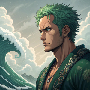 Close-up of Roronoa Zoro from One Piece, intense gaze, surrounded by a digital wallpaper of swirling clouds and sea waves.