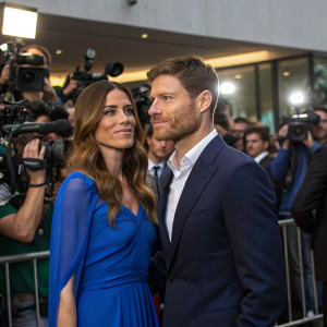 Nagore Aramburu and Xabi Alonso in the heart of a bustling press conference. Nagore, dressed in a vibrant blue dress, exudes elegance. Xabi, in a sharp navy suit, displays a composed demeanor.
