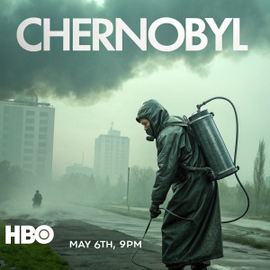 Promotional image for 'Chernobyl' series. Man in hazmat suit carrying large tank through misty, desolate area. Dark grey and muted green tones dominate. HBO logo at bottom. Premiere date: May 6th, 9PM.