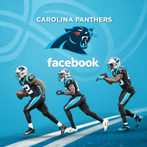 Digital illustration featuring Carolina Panthers players in action. Vibrant blue background with Facebook logo