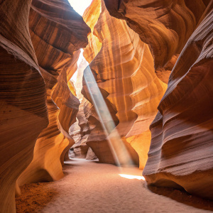 An awe-inspiring view of Antelope Canyon. The scene features a narrow slot canyon with golden sandstone walls. The play of light creates mesmerizing patterns and highlights the intricate layers.