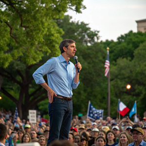 Beto O'Rourke addressing a mixed-age crowd at a rally. He's dressed in a blue button-down shirt. The venue is outdoors, set against a backdrop of green trees and flags.