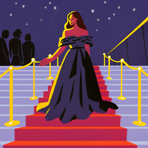 Penelope Cruz at Cannes Film Festival, wearing a long black dress with ruffles and a cinched waist. Stairs leading up to the red carpet.