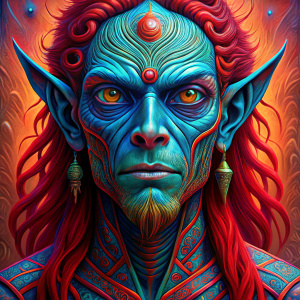 dark red long hair alien man with face tattoos, brown eyes and light brown skin