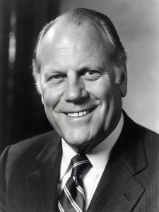 Smiling Gerald Ford, old black and white photo, Adams shooting style