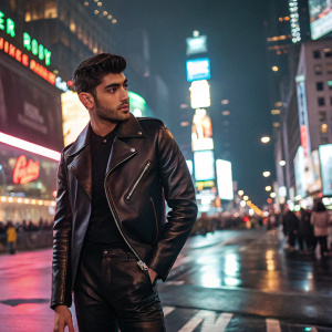 Zayn Malik in a sleek leather jacket, posing in Times Square. Bright neon signs and bustling crowds in the background.