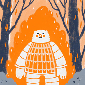 A mystical creature, resembling a dokkaebi from Korean folklore, stands with an enchanting aura. Its appearance is a mesmerizing fusion of traditional and fiery elements, as if flames had taken human form. The armor encasing its body pulsates with an inner power, showcasing intricate designs and a fiery glow.