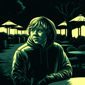 Rupert Grint, British actor, casual look with tousled hair. Wearing grey hoodie. Outdoor café setting.