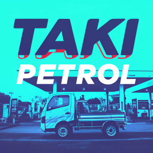 Ad campaign for Taki Petrol. Modern graphic design featuring the brand logo in bold red and white. Image of a Taki Petrol truck at a gas station. Website details and stylized text for promotion.