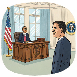 Cartoon illustration of Barack Obama and James Comey. Oval Office setting, Obama seated behind desk, Comey standing in front of him.