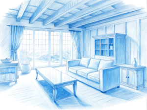 a sketch of a beautiful living room in pencil, (((artists impression, artistic impression, higher detailed illustration, an illustration, detailed illustration, artist's impression))), a kitchen cabinet behind the white sofa, with minimal pictures on the wall, linen curtain next to the classroom window, coffee table, modern wood, ceiling with magnetic emissive lighting