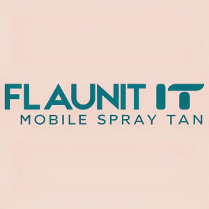 The Flaunit It Mobile Spray Tan logo in a sleek, modern sans-serif font. The teal or aqua text is prominently displayed on a pastel, soft peachy pink background.