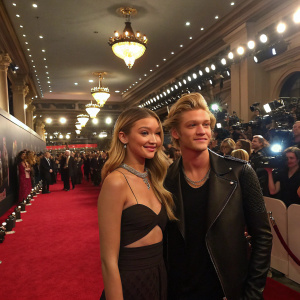Gigi Hadid and Cody Simpson at an awards show. Crowded venue with spotlights and red carpet