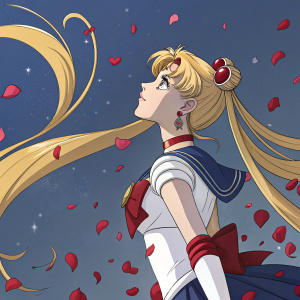 Sailor Moon, the iconic anime heroine, stands gracefully amidst falling red rose petals. Wearing a detailed ornate headpiece, long blonde hair, and a stylized expression. The background is a dark blue.