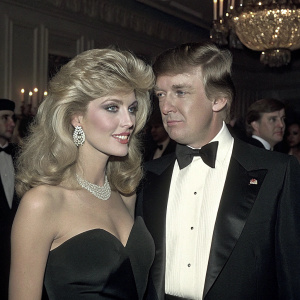 Donald Trump and Marla Maples at a gala event in New York. Both are dressed formally. Marla has blonde hair styled in curls.