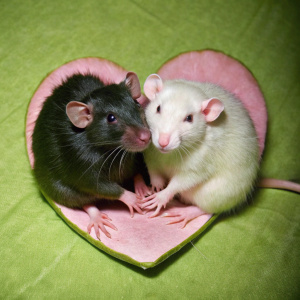 Two cute chubby rats hug, one rat is black, the other is pink, together they form a heart