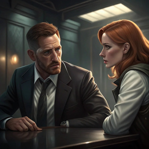 Tom Hardy and Jessica Chastain in a tense scene from No Time to Die. Hardy, with a stern look, seated at a dark, polished table. Chastain, with auburn hair, leans over him. Dim lighting, soft shadows. Indoor, modern, high-tech setting. Focus on their intense interaction.