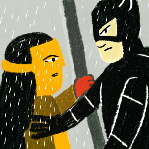 Fan art depicting Elektra and Daredevil. Dark and gritty style. Limited color palette, detailed character designs, dynamic interaction, plain gray background.