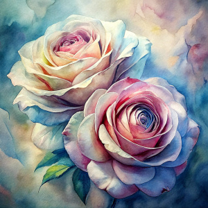 Vintage Old, Soft Colors, Oil Painting two Large Roses, Frontal View