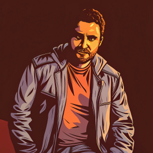 Allan Hawco, with a rugged stubble and dark locks, poses solo in an empty white studio space.