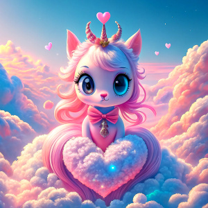 cute big eye unicorn on fluffy cloud with bow