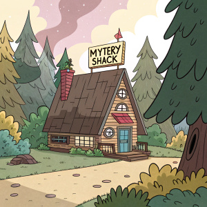 The Mystery Shack, a quirky cabin-style building from Gravity Falls, stands in a vibrant, cartoon landscape. Surrounded by lush, green forests and adorned with a playful sign on its roof, it exudes a rustic charm.