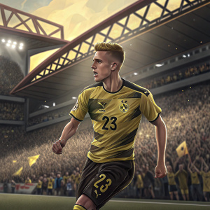 Thorgan Hazard during a high-energy match. Wearing his Puma jersey with the team logo and number 23. Stadium crowd in the background.