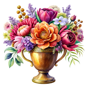 a WATERCOLOR IMAGE, Antique  19th century English porcelain two handled vase with gold fine porcelain flowers on.THERE ARE IN THE VASE : amaranth peonies , red WEEDS ,burgundy PEONIES, orange Bougainvillea, purple dandelion ,orange  geranium,Narcissus,mint crocusES ,mauve daffodil ,mustard roses ,amaranth Damarion s, ruspberry tulips , pink freesia , lavender, Common Crape Myrtle ,red Watsonia ,ruby tritoma. carmine Chandramallika, burgundy VIOLETS ,lila SISYMBRIUM, CHAMOMILE , teracott