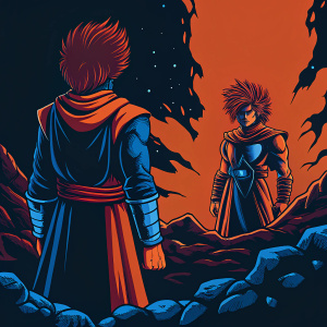 Fantasy artwork of Saint Seiya characters. Fiery red hair, spiky brown hairstyle. Explosive rocky landscape, detailed outfits, red accessory belt