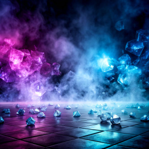 Crystal floor, purple and blue smoke on dark background, front view