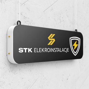 Digital illustration showcasing two sleek, modern logo designs for STK Elektroinstalacje. Black and white with a vibrant splash of yellow.