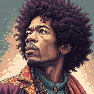 Jimi Hendrix, pixel art, with a nod to his iconic hairstyle and soulful gaze.