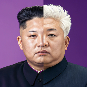 Digital portrait showcasing the contrasting sides of Kim Jong-un. One half youthful with dark wavy hair on a solid purple background, the other aged with spiky white hair