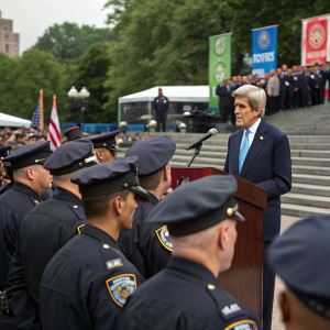 John Kerry at a public rally, surrounded by police officers in uniform. Outdoor scene with structured environment.