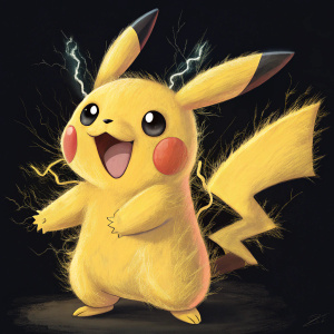 High-definition illustration of Pikachu. Bold and vibrant, digital art. Pikachu is depicted in an energetic pose. Black background, close-up shot.