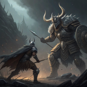 Digital art workshop on March 15 with Kekai Kotaki. The scene features a battle between mythical warriors and a colossal, armored beast with horns. Background is dark, foreboding. Illustration in shades of grey and brown with metallic highlights, intricate details and dramatic poses.