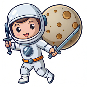 Cute astronaut ninja slash moon with sword cartoon vector icon illustration science technology icon on white background

