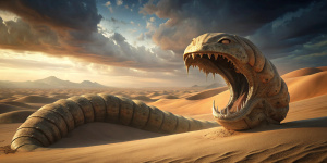 A giant worm in the desert, burrows into the sand, teeth, yellow-green dragon eyes. 3D letters “SP STUDIO” are buried in the sand. The worm is around the letters SP.