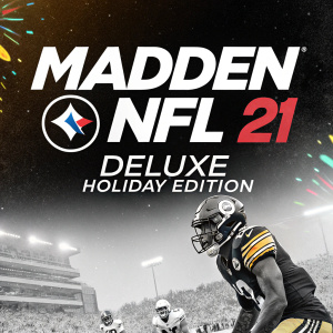 Promotional poster for Madden NFL 21: Deluxe Holiday Edition. Vibrant and modern design with bold text. Black and white theme with splashes of color to grab attention.