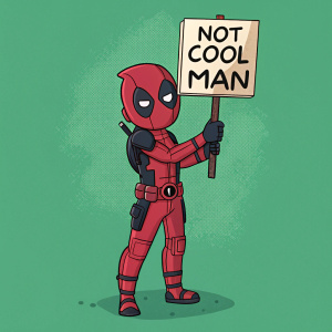 Comic panel featuring Deadpool. Green background. Deadpool with his iconic smirk, holding a sign that says 'Not Cool Man'