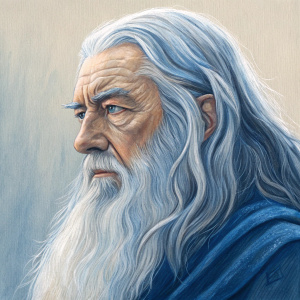 Oil painting of Gandalf from The Lord of the Rings. Blue hues emphasize his detailed, weathered face and long white beard. Neutral background.
