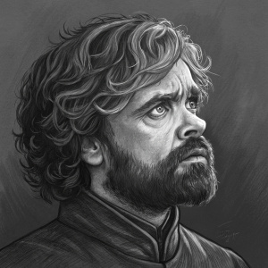 Charcoal sketch of Tyrion Lannister from Game of Thrones. Detailed facial features, intricate beard, intense stare. Dark uniform background